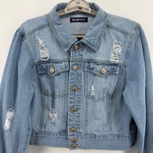 Blue Spice Denim Jacket XL Distressed Ripped Light Wash Jean Jacket
